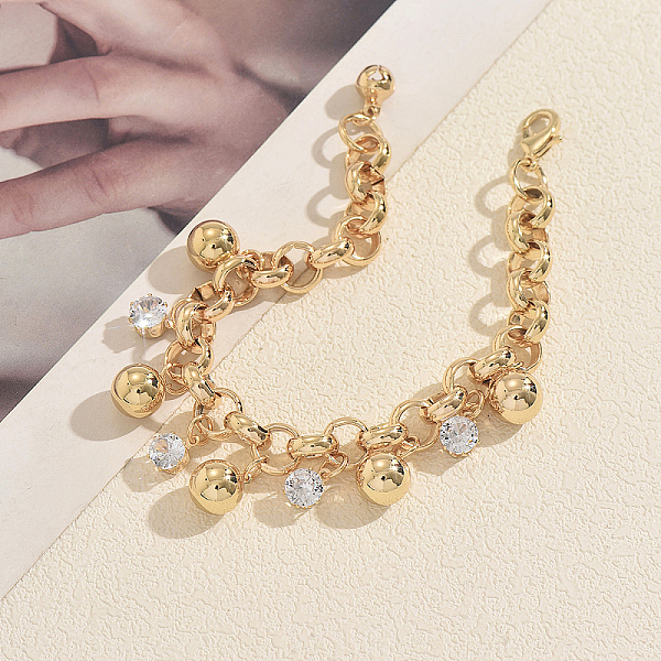 Bracciale vintage da donna in ferro con charm a sfera rotonda e pavé di zirconi cubici trasparenti