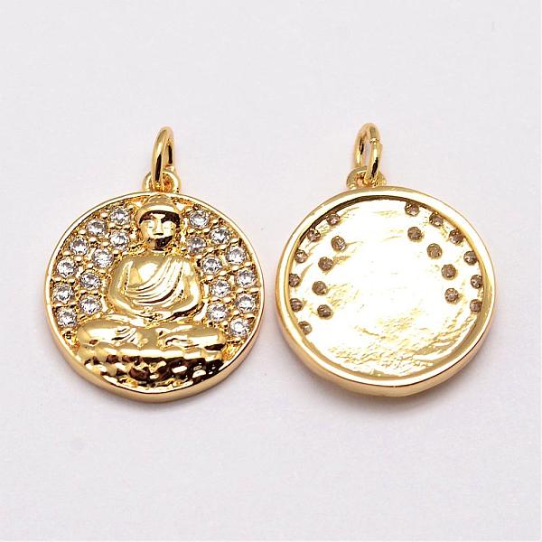 

PandaHall Brass Pendants, Micro Pave Grade AAA Cubic Zirconia, Flat Round with Buddha, Cadmium Free & Nickel Free & Lead Free, Real 18K Gold...
