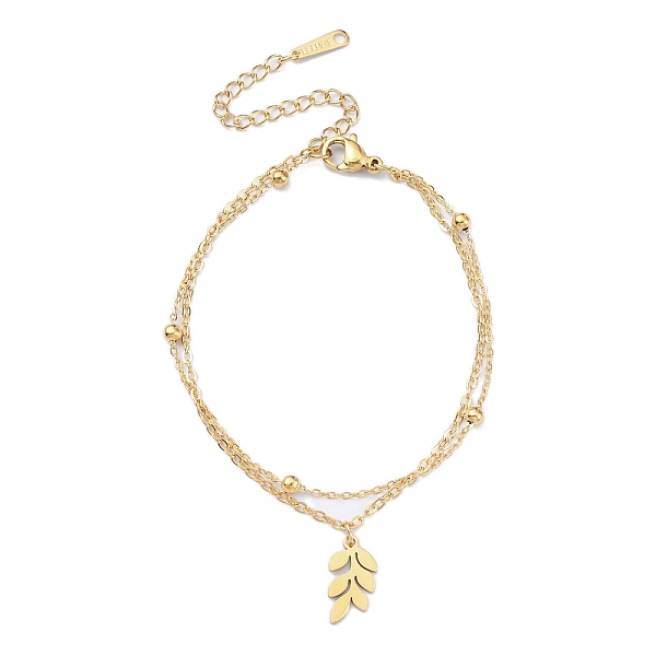 

PandaHall 304 Stainless Steel Cable & Satellite Chains Double Layer Multi-strand Bracelet, with Leaf Charms, Golden, 6-5/8 inch(16.9cm) 304...