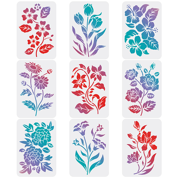 PandaHall FINGERINSPIRE 9pcs Flower Stencils for Painting 29.7x21cm Flower & Leaves Drawing Template Reusable Flower Stencil DIY Stencils...