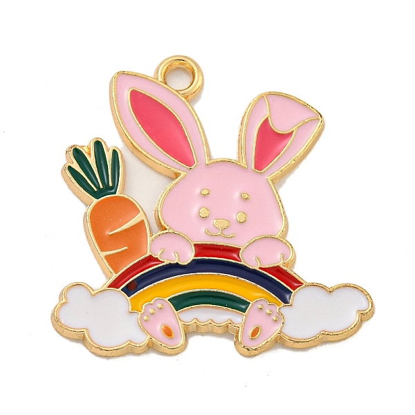 

PandaHall Alloy Enamel Pendants, Golden, Rabbit with Rainbow & Carrot Charm, Pink, 28x27.5x1.5mm, Hole: 2mm Alloy+Enamel Rabbit Pink