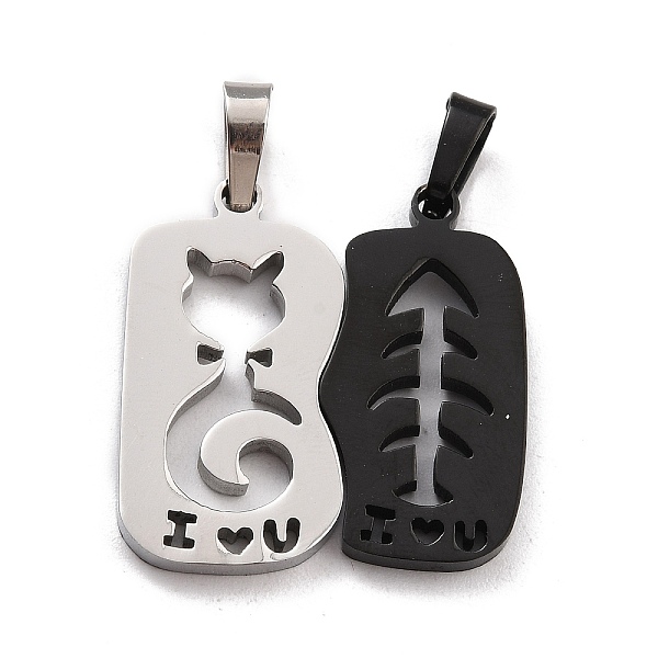 

PandaHall Titanium Steel Couple Pendants, Split Pendants, for Valentine's Day, Polygon with Cat & Fishbone & Word I Love You...