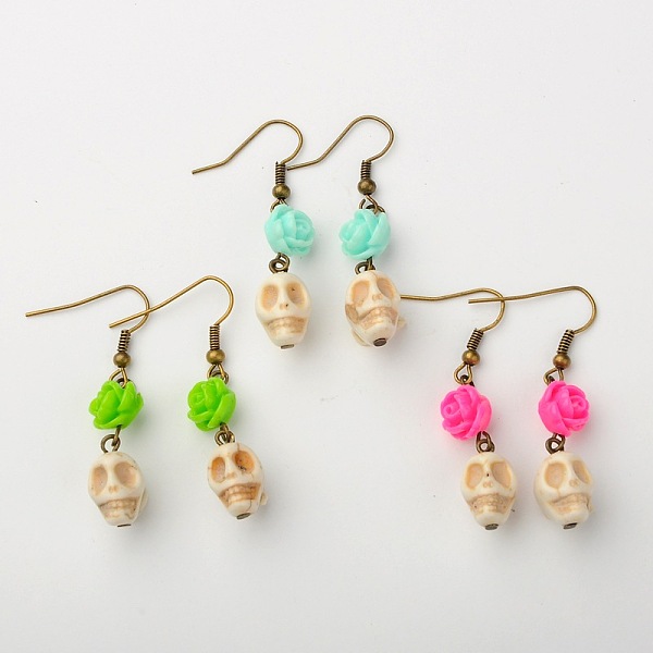 PandaHall Dyed Synthetic Magnesite Skull Earrings, with Resin Rose Flower and Iron Earring Hooks, Antique Bronze, Mixed Color, 47mm, Pin...