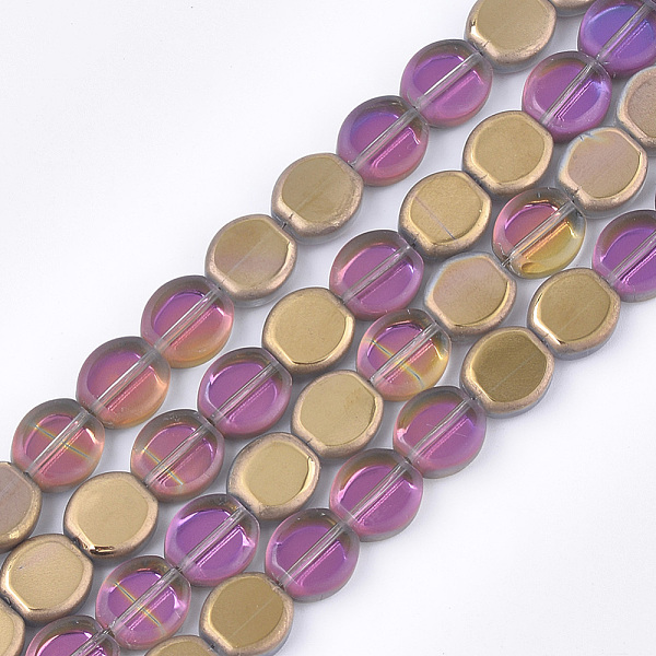 

PandaHall Frosted Electroplate Glass Beads Strands, Half Plated, Oval, Goldenrod, 10x9~9.5x4mm, Hole: 1mm, about 65pcs/strand, 25.5 inch..., Gold