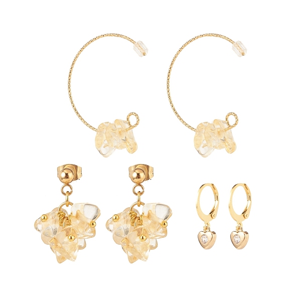 

PandaHall 3 Pairs 3 Style Natural Citrine Chips Beaded Cluster Dangle Stud & Leverback Earrings, Brass Half Hoop Earrings for Women, Golden...