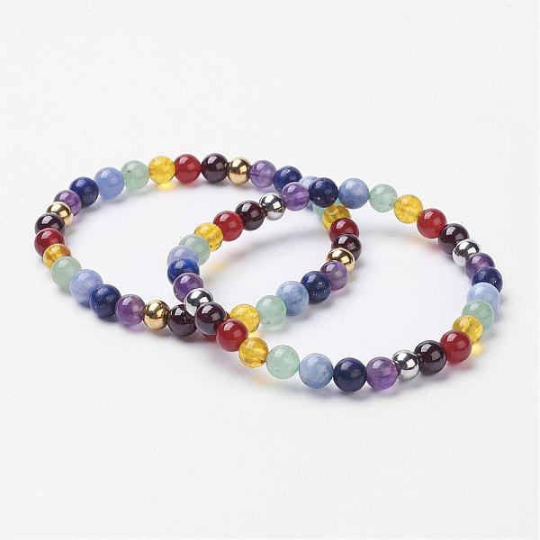 

PandaHall Chakra Jewelry, Gemstone Stretch Bracelets, with 304 Stainless Steel Smooth Round Beads, Mixed Color, 2 inch(52mm) Mixed Stone