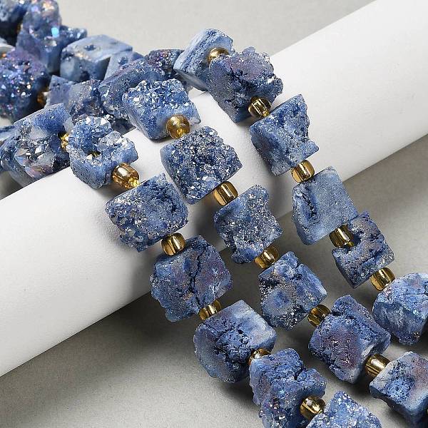 Galvani natürliche druzy Achat Perlen Stränge, Würfel, mit Glasperlen, Stahlblau, 9.5-11x8-10x9.5-10.5 mm, Bohrung: 1 mm, ca. 14 Stk. / Strang, 7.20'' (18.3 cm)