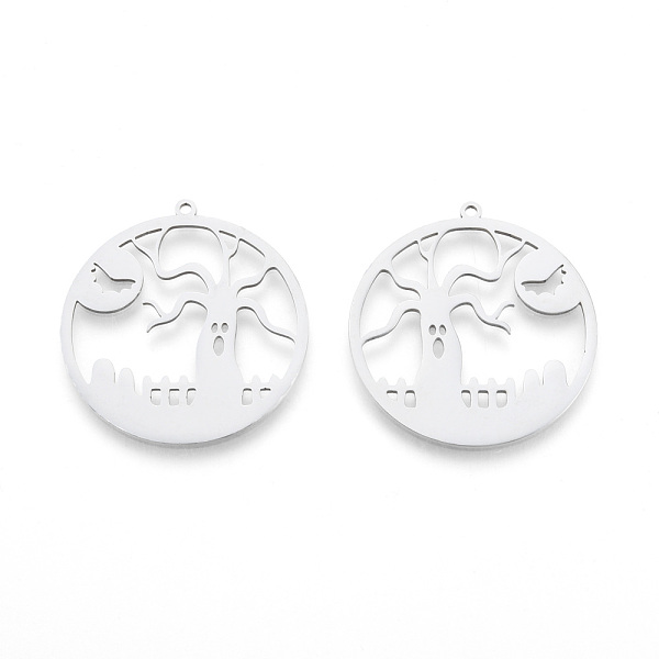 

PandaHall Halloween 201 Stainless Steel Pendants, Laser Cut, Flat Round, Ghost Tree with Bat, Stainless Steel Color, 34x32x1mm, Hole: 1.5mm...