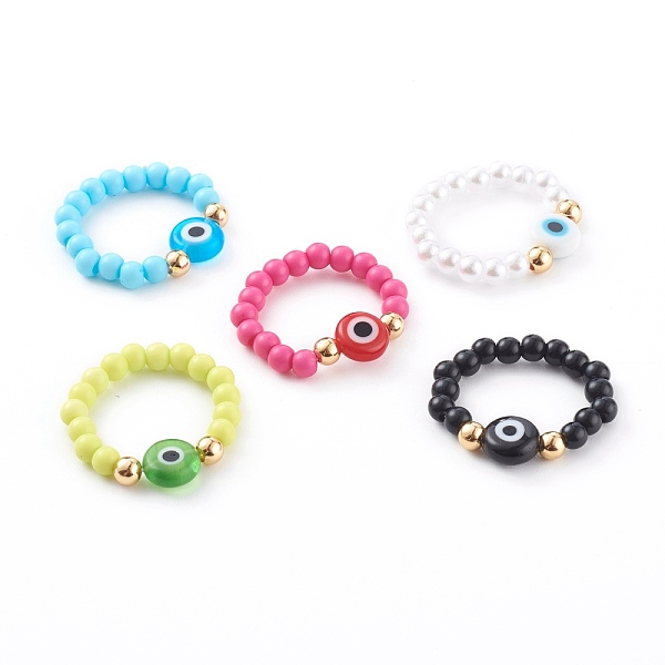 

PandaHall Acrylic Beaded Stretch Rings, with Round Handmade Evil Eye Lampwork Beads and Brass Beads, Golden , Mixed Color, US Size 7 1/4..., Multicolor