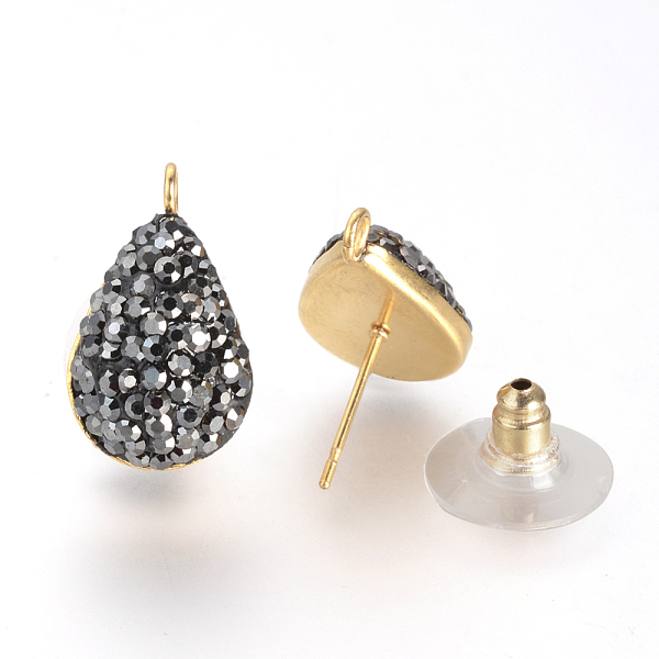 

PandaHall Polymer Clay Rhinestone Stud Earring Findings, with Loop and Stainless Steel Findings, Golden, Teardrop, Jet, 18.5x11mm, Hole: 2mm..., Black