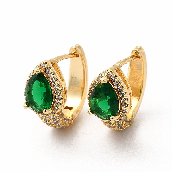 PandaHall Green Cubic Zirconia Teardrop Hoop Earrings, Rack Plating Brass Jewelry for Women, Cadmium Free & Lead Free, Real 18K Gold Plated...