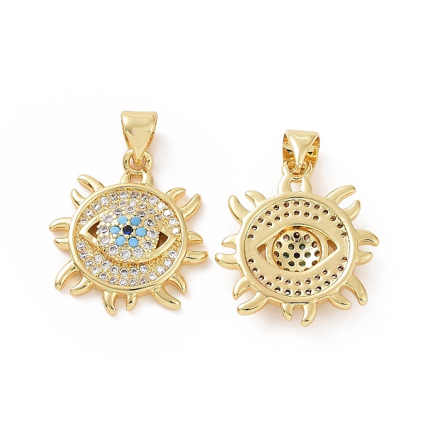 

PandaHall Brass Micro Pave Cubic Zirconia Pendants, Sun with Evil Eye Charm, Golden, 24.5x18x4mm, Hole: 5x3mm Brass+Cubic Zirconia Sun Cyan