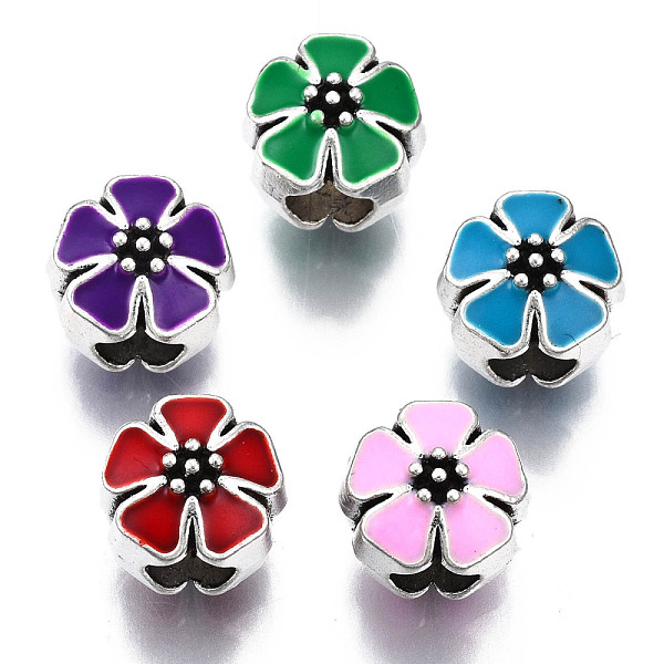 

PandaHall Alloy Enamel European Beads, Large Hole Beads, Cadmium Free & Lead Free, Antique Silver, Flower, Mixed Color, 10x10x10mm, Hole..., Multicolor