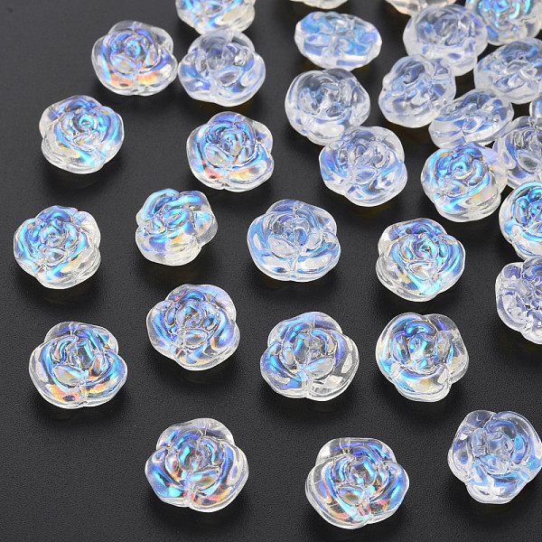 

PandaHall Transparent Glass Beads, AB Color Plated, Rose, Clear AB, 12.5x14x9mm, Hole: 1.2mm Glass Flower White