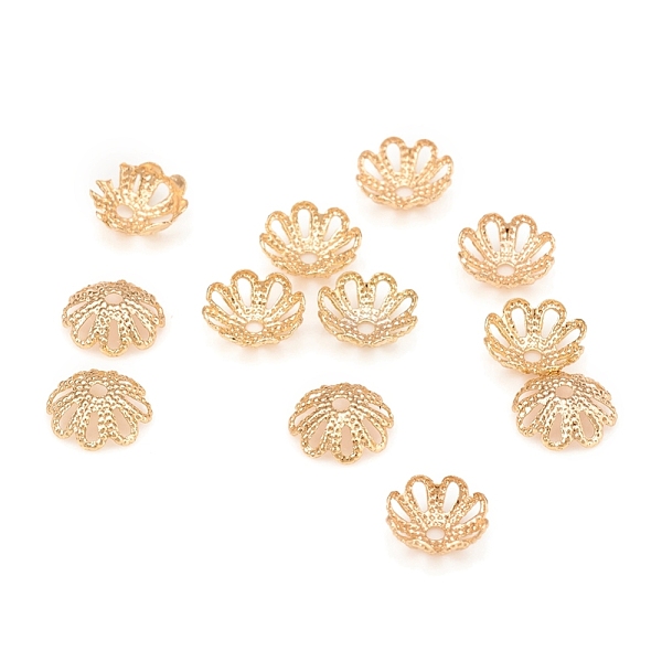 

PandaHall Brass Fancy Bead Caps, Long-Lasting Plated, Multi-Petal, Flower, Light Gold, 7x2mm, Hole: 1mm Brass