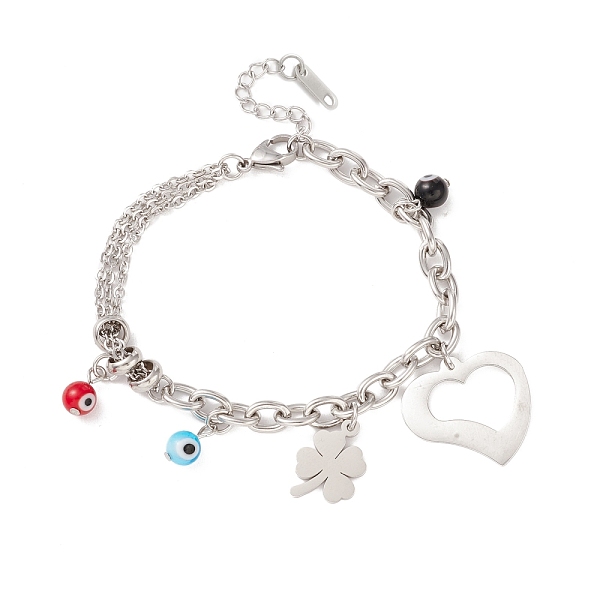 

PandaHall Round Evil Eye Lampwork & Heart & Clover Charm Bracelet with 304 Stainless Steel Chain for Women, Stainless Steel Color, 7 inch...