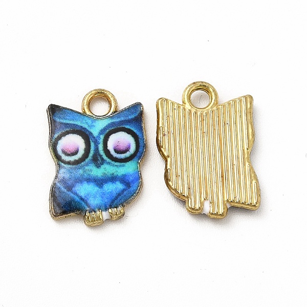 

PandaHall Printed Alloy Pendants, Lead Free & Cadmium Free & Nickel Free, Owl Charm, Golden, Dodger Blue, 15x10.5x2mm, Hole: 1.8mm Alloy Owl