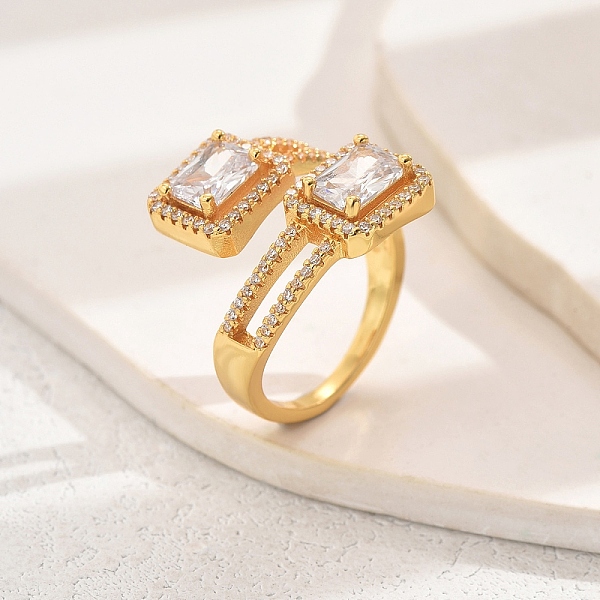 

PandaHall Brass Micro Pave Zirconia Cuff Ring, Rectangle Open Ring for Women Brass+Cubic Zirconia