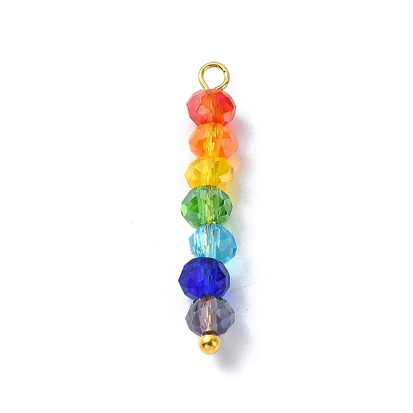 

PandaHall Coloful Faceted Glass Beaded Pendants, 7 Colors Rondelle with Brass Loops, Golden, 27~27.5x4mm, Hole: 3.5mm Brass+Glass Rondelle