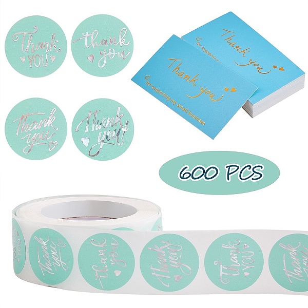 

PandaHall 1 Roll Word Thank You Self Adhesive Paper Stickers, with 2 Bag Thank You Theme Card, Turquoise, 2.5cm Paper Word Green