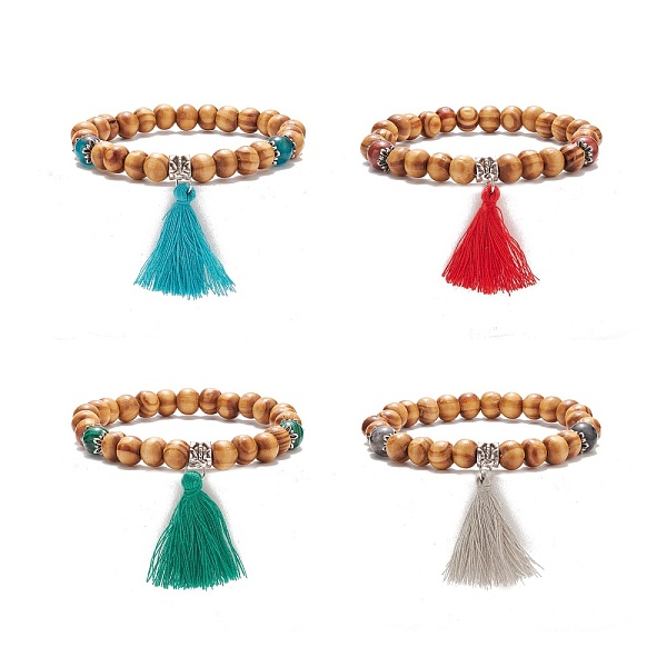 

PandaHall Natural Wood Stretch Bracelet with Gemstone, Cotton Tassel Charm Yoga Bracelet for Women, Inner Diameter: 2-1/8 inch(5.4cm) Mixed..., Multicolor
