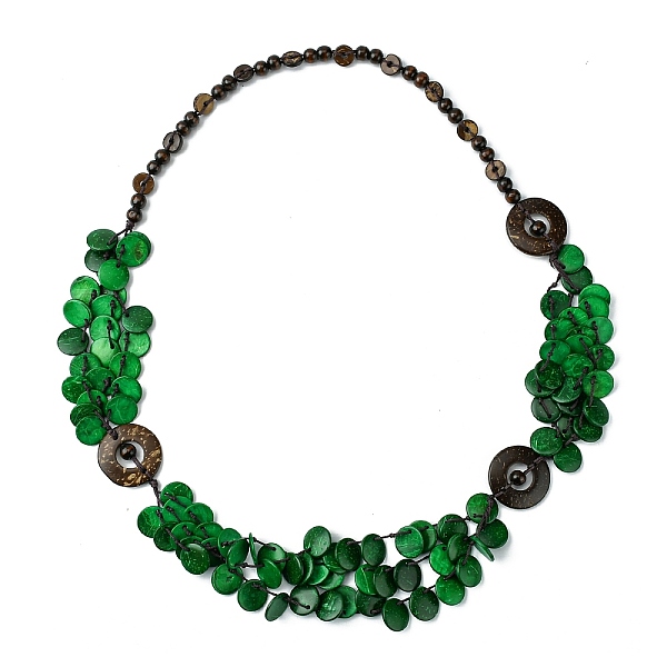 

PandaHall Dyed Natural Coconut Donut & Flat Round Beaded Bib Necklaces, Bohemian Jewelry for Women, Green, 37.80 inch(96cm) Wood Green