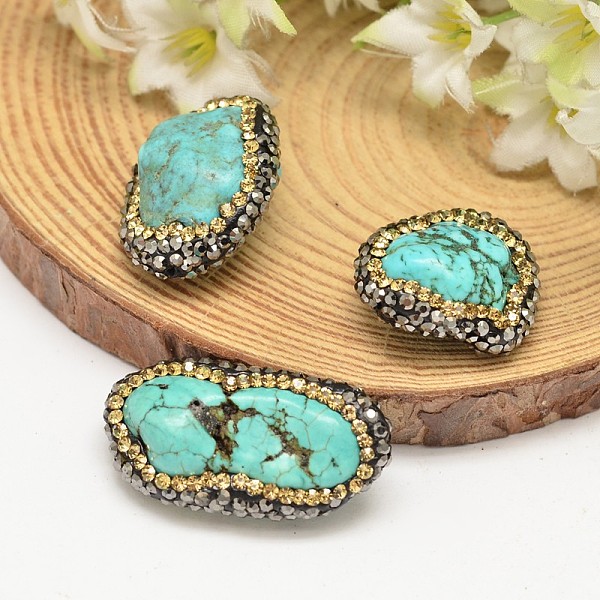 

PandaHall Nuggets Dyed Natural Magnesite Beads, with Polymer Clay Rhinestones, Turquoise, 21~33x17~21x10~14mm, Hole: 0.5~1mm Magnesite..., Green