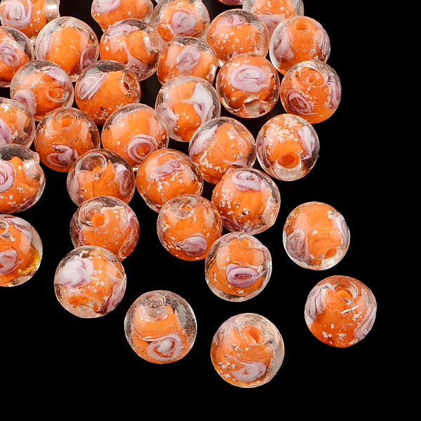 

PandaHall Handmade Luminous Inner Flower Lampwork Beads, Round, Dark Orange, 8mm, Hole: 1mm Lampwork Round Orange