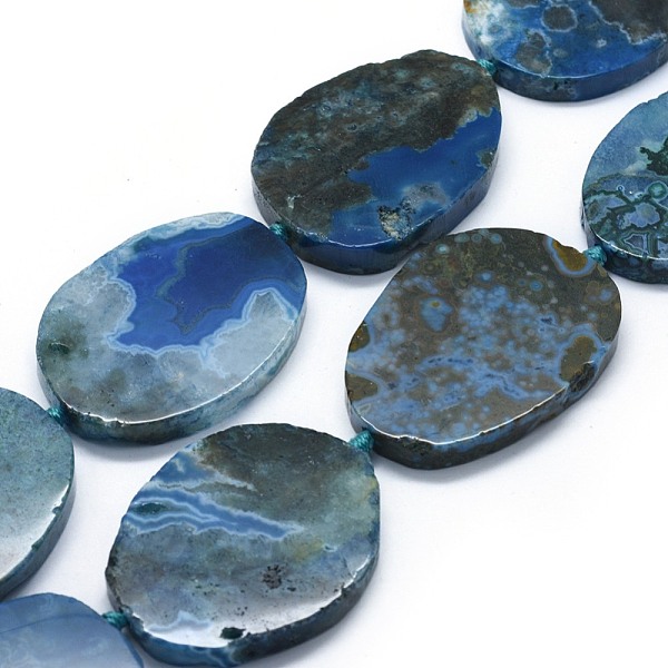 

PandaHall Natural Ocean Jasper Beads Strands, Oval, Dyed, 42~57x32~47x6~7mm, Hole: 2mm, about 7~8pcs/strand, 16.1~16.14 inch(40.9~41cm)..., Blue