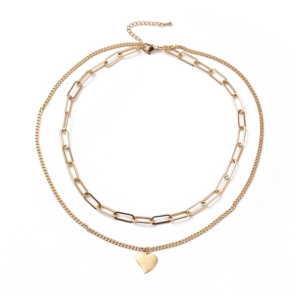 

PandaHall Vacuum Plating 304 Stainless Steel Double Chains Multi Layered Necklace with Heart Charms for Women, Golden, 16.34 inch(41.5cm)...