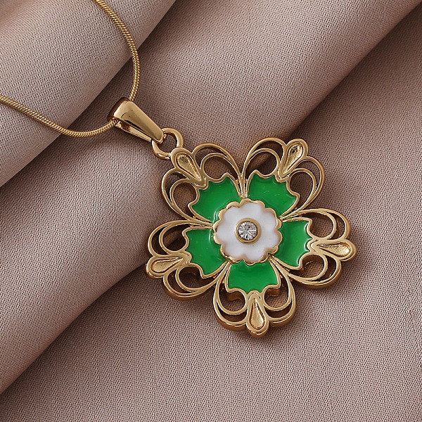 316 Surgical Stainless Steel Enamel Green Flower Pendant Necklaces for Women