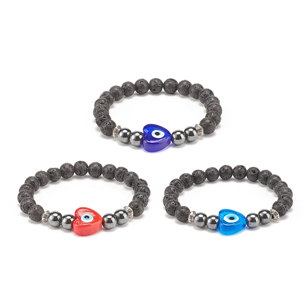 

PandaHall 3Pcs 3 Color Natural Lava Rock & Synthetic Hematite Stretch Bracelets Set, Lampwork Heart with Evil Eye Beads Bracelets for Women...