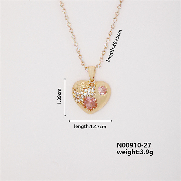 Vintage Heart-shaped Brass Micro Pave Pink Cubic Zirconia Pendant Necklaces