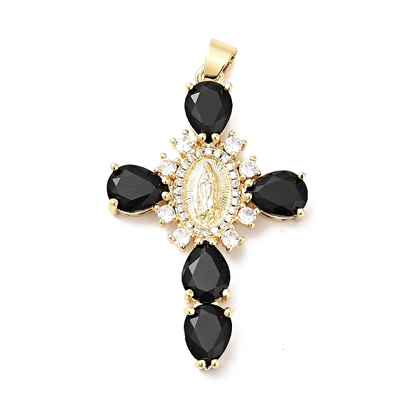 

PandaHall Rack Plating Brass Micro Pave Cubic Zirconia Pendants, Cadmium Free & Lead Free, Real 18K Gold Plated, Cross with Saint, Black...