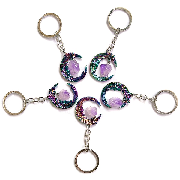 

PandaHall Alloy Keychain, with Natural Amethyst, Rainbow Color, 8~10cm Alloy Moon