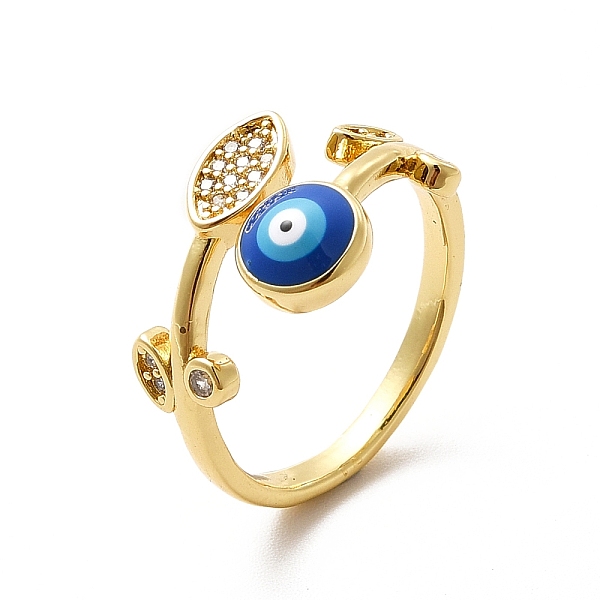 

PandaHall Cubic Zirconia Leaf with Enamel Evil Eye Open Cuff Ring, Brass Jewelry for Women, Real 18K Gold Plated, US Size 6 1/2(16.9mm)..., Blue