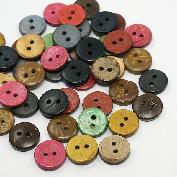 

PandaHall Flat Round Coconut Buttons, 2-Hole Sewing Buttons, Mixed Color, 12.5~13x2mm, Hole: 2mm Coconut Flat Round Multicolor