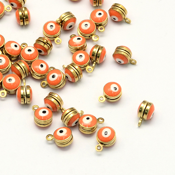 

PandaHall Golden Tone Brass Enamel Charms, Round with Eye, Coral, 10x7x6.5mm, Hole: 1mm Brass+Enamel Round Red