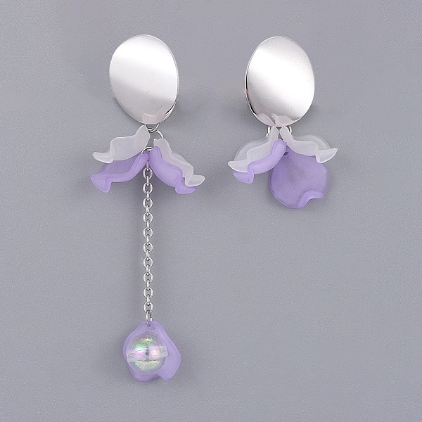 

PandaHall Petal Transparent Acrylic Dangle Stud Earrings, Asymmetrical Earrings, with Brass Stud Earring Findings, 304 Stainless Steel Cable..., Purple