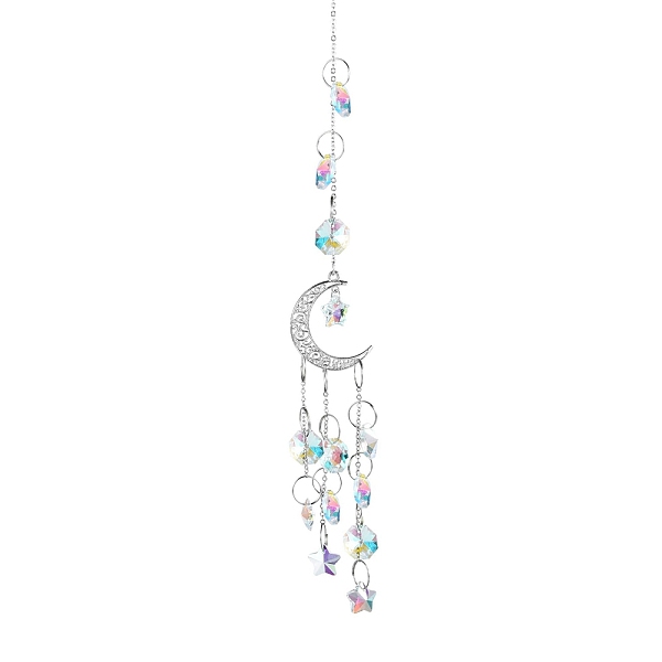 

PandaHall Glass Pendant Decorations, Suncatchers, with Iron Findings, Moon & Star, Clear AB, 380mm Glass White