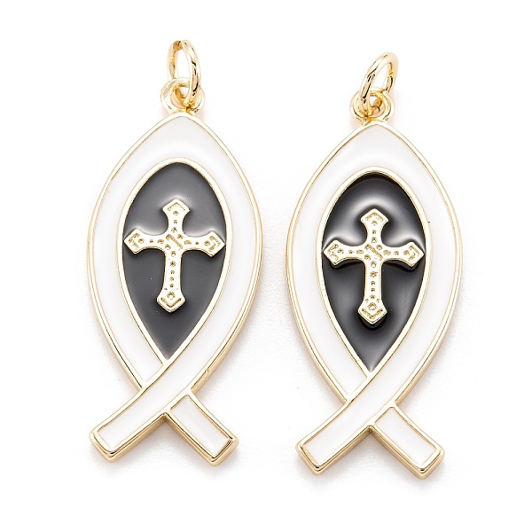

PandaHall Real 18K Gold Plated Brass Pendants, with Enamel, Long-Lasting Plated, Christian Ichthys Ichthus with Cross, White...
