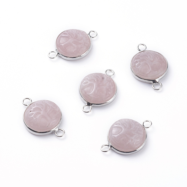 

PandaHall Natural Rose Quartz Links connectors, with Platinum Tone Brass Cabochon Connector Settings, Flat Round with Tree...