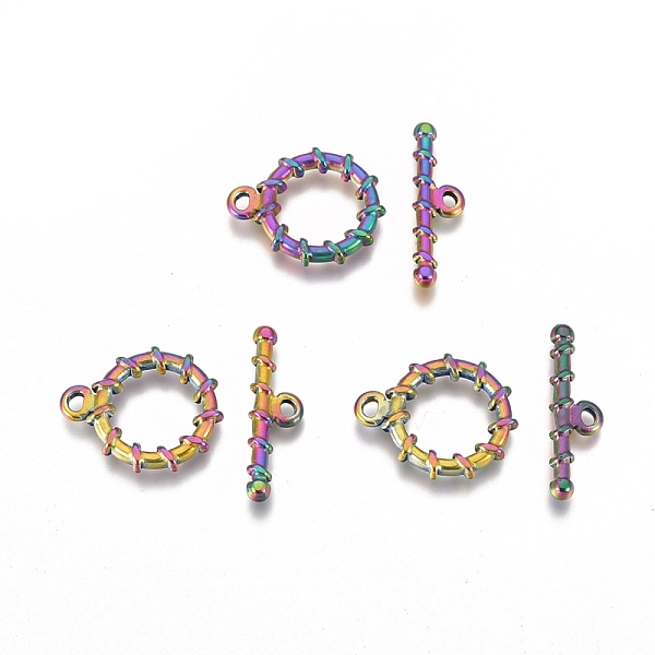 

PandaHall Ion Plating(IP) 304 Stainless Steel Toggle Clasps, Ring, Rainbow Color, Ring: 19x14.6x2.5mm, Hole: 1.7x2.2mm, Bar: 6.2x21.8x2.7mm...
