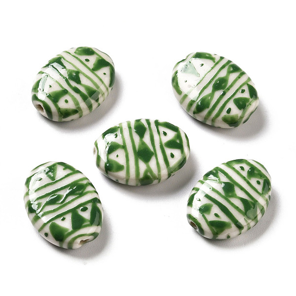 

PandaHall Handmade Printed Porcelain Beads, Oval with Triangle Pattern, Lime Green, 18x14.5x5mm, Hole: 1.6mm Porcelain Triangle