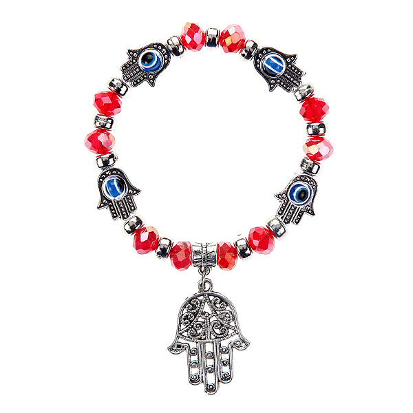 Pulsera Elástica Con Cuentas De Vidrio Y Mal De Ojo De Lampwork Con Amuleto De Mano De Hamsa De Aleación Para Mujer