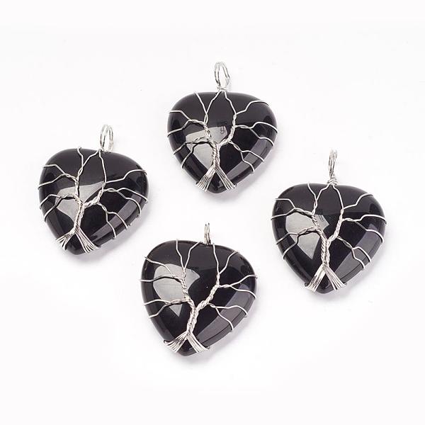 PandaHall Natural Black Agate Pendants, with Brass Findings, Heart, Dyed & Heated, Platinum, 39~42x30~31x10~11mm, Hole: 5mm Black Agate...