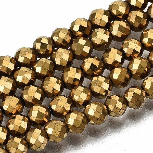 

PandaHall Electroplate Non-magnetic Synthetic Hematite Beads Strands, Round, Faceted, Golden Plated, 4mm, Hole: 1mm, about 108pcs/strand...