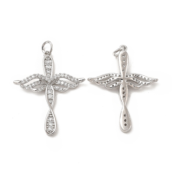 

PandaHall Brass Micro Pave Cubic Zirconia Pendants, with Jump Ring, Religion Cross with Wing Charm, Platinum, 30x24x3.5mm, Hole: 3.3mm..., Clear