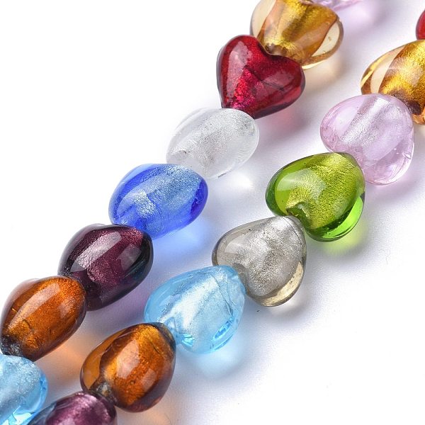 PandaHall Handmade Silver Foil Lampwork Beads Strands, Heart, Colorful, 12x11~13x8~9mm, Hole: 1.2mm, about 33pcs/Strand, 14.96 inch(38cm)...
