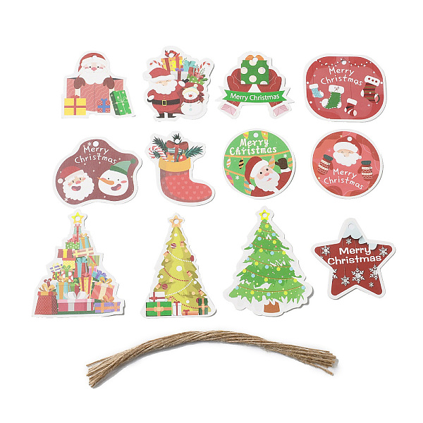 

PandaHall Christmas Theme Paper Big Pendant Decorations, Hemp Rope Hanging Ornament, Mixed Shapes, Pendant: 60~88x58~71x0.3mm, 12pcs/set..., Multicolor